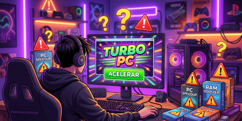 Usuário sentado diante do monitor que exibe promessa falsa Turbo PC com botão Acelerar. Produtos duvidosos como RAM Booster e PC Speedup com símbolos de atenção e perigo ao redor.